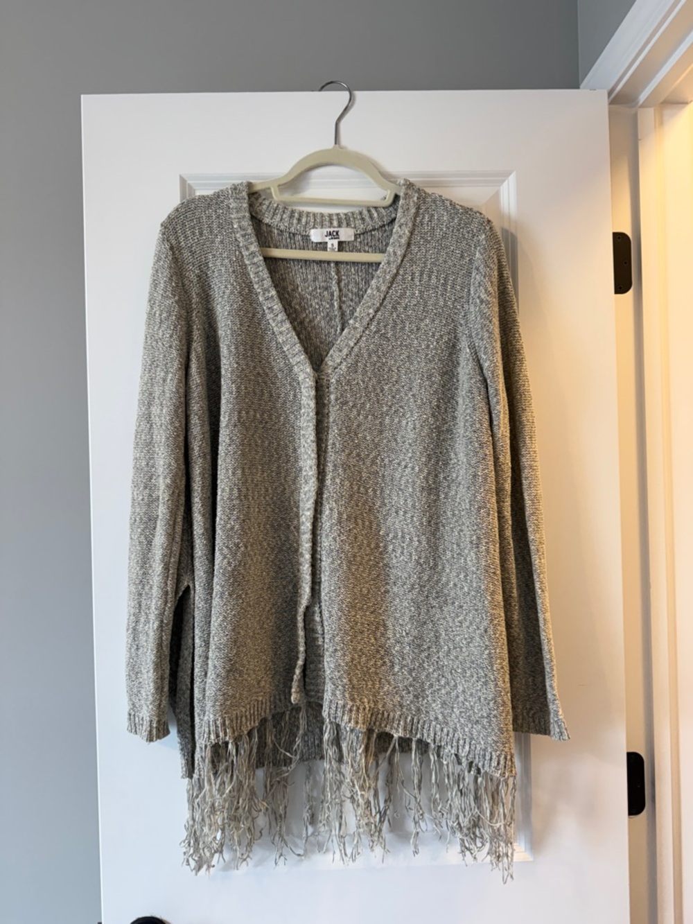 Jack by BB Dakota Neutral Gray Fringe V-Neck Cardigan